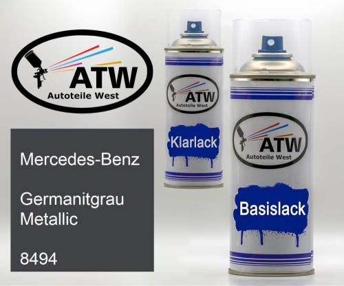 Mercedes-Benz, Germanitgrau Metallic, 8494: 400ml Sprühdose + 400ml Klarlack - Set, von ATW Autoteile West.